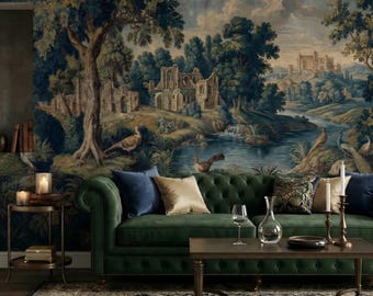 Vintage Tapestry Landscape Wallpaper: Moody Forest Castle Wall Mural, Peel and Stick