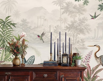 Fototapeta z tropikalnym krajobrazem w stylu chinoiserie: Eleganckie ptaki, wystrój Grandmillennial, odklejana i przyklejana