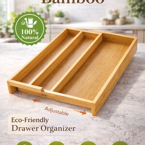 Może przedstawiać: Naturalny organizer do szuflad z bambusa o regulowanej szerokości. Ekologiczny organizer posiada trzy przegr&oacute;dki i jest oznaczony jako wolny od BPA, bezpieczny dla żywności i wykonany z trwałego bambusa. Tekst na zdjęciu brzmi "100% Natural Bamboo."