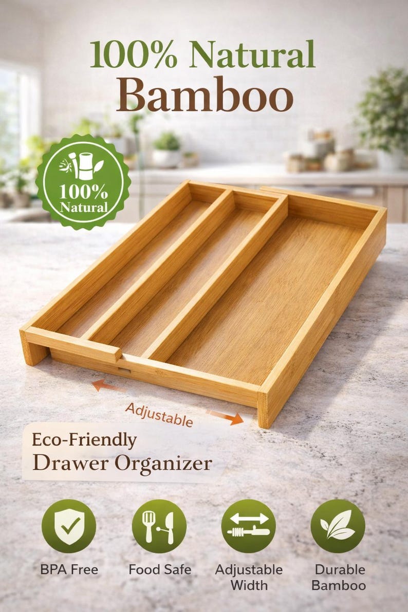 Może przedstawiać: Naturalny organizer do szuflad z bambusa o regulowanej szerokości. Ekologiczny organizer posiada trzy przegr&oacute;dki i jest oznaczony jako wolny od BPA, bezpieczny dla żywności i wykonany z trwałego bambusa. Tekst na zdjęciu brzmi "100% Natural Bamboo."