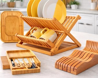 Składana suszarka do naczyń z bambusa – 2-poziomowa składana suszarka do naczyń kuchennych do przechowywania na blacie