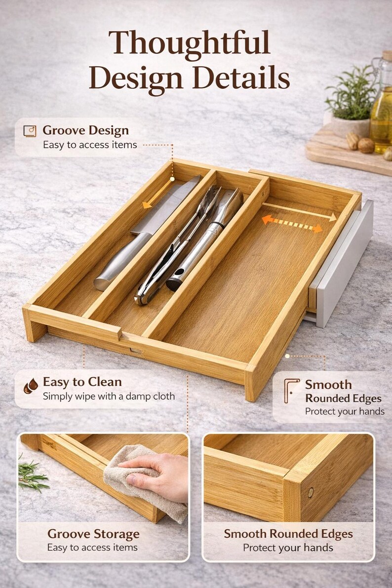 Może przedstawiać: Bambusowy organizer do szuflady z trzema przegrodami, mieszczący n&oacute;ż i przybory do serwowania. U g&oacute;ry tekst "Thoughtful Design Details". Zawiera "Groove Design", "Easy to Clean" i "Smooth Rounded Edges".