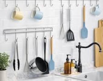 Wieszak na przybory kuchenne, ścienny – szyna z 12 haczykami, organizer oszczędzający miejsce