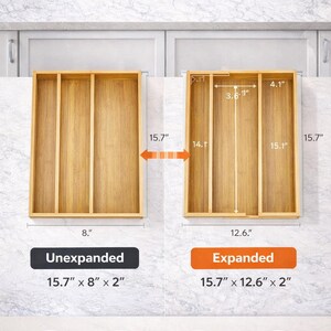 Może przedstawiać: Drewniany organizer do szuflad, pokazany w stanie nierozłożonym 40 cm x 20 cm x 5 cm i rozłożonym 40 cm x 32 cm x 5 cm. Tekst brzmi "Large Size & Dimensions" i "Please measure your drawer first!" Zawiera rozszerzalną szerokość i regulację.