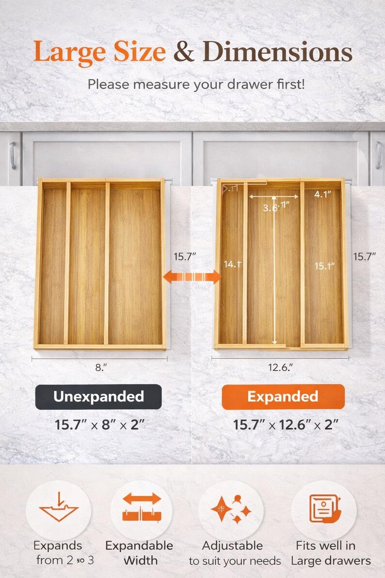 Może przedstawiać: Drewniany organizer do szuflad, pokazany w stanie nierozłożonym 40 cm x 20 cm x 5 cm i rozłożonym 40 cm x 32 cm x 5 cm. Tekst brzmi "Large Size & Dimensions" i "Please measure your drawer first!" Zawiera rozszerzalną szerokość i regulację.