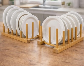Bambusowy, drewniany stojak na naczynia – pionowy organizer do ociekacza do szafek kuchennych