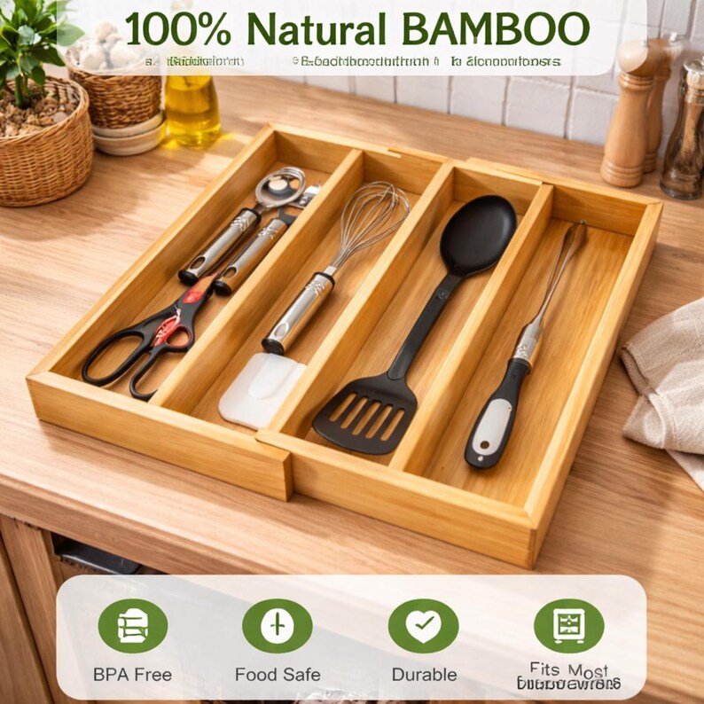 Może przedstawiać: Bambusowy organizer na przybory kuchenne z wieloma przegr&oacute;dkami. Organizer mieści r&oacute;żne narzędzia kuchenne, w tym trzepaczkę, szpatułkę i łyżkę do serwowania. Tekst "100% Natural BAMBOO" jest wyświetlany u g&oacute;ry. Na dole obrazu wyświetlane są ikony dla BPA Free, Food Safe i Durable.