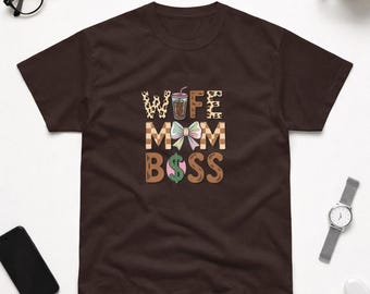 Wife Mom Boss Graphic Tee | Leopard Coffee Money Design Shirt