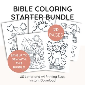 Puede incluir: Un paquete inicial de colorear bíblico con 20 páginas de ilustraciones en blanco y negro. Las páginas incluyen dibujos de un león, una persona, corazones, estrellas, flores y soles, con textos como 'GOD IS LOVE' y 'GALATIANS 3:26' impresos en ellas.
