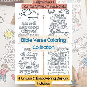Puede incluir: Una colección para colorear versículos bíblicos con cuatro diseños únicos con el texto "Todo lo puedo en Cristo". Cada diseño incluye ilustraciones inspiradoras y la referencia bíblica Filipenses 4:13.