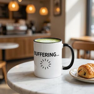 Minimalistische buffermok, grappige tech-koffiemok, humoristische beker programmeur, geekcadeau, mok thuiswerken, mok voor thuiswerken, mok voor esthetische bureauopstelling