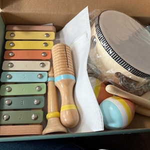 Montessori Baby Musical Instruments Set 9 in 1 Wooden Toddler Toys 4 year plus Boho Neutral Percussion Xylophone Preschool Learning Gift.