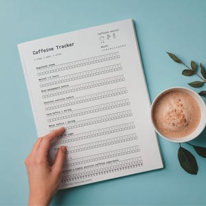 Può includere: Un diario bianco di Caffeine Tracker con una mano che indica la sezione 'Acqua prima/durante'. Una tazza di caffè e un rametto di verde sono su una superficie azzurra. Il diario include sezioni per il monitoraggio del sonno, del cibo e dell'esercizio.