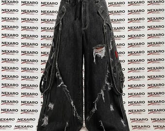 Pantalones vaqueros holgados y desgastados para hombre/unisex – Pantalones cargo estilo Harajuku Punk – Ropa urbana oversize