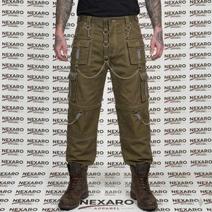 May include: Olive green cargo pants with multiple pockets, metal chain accents, and D-ring details. The pants have a relaxed fit and are paired with brown boots. The word "NEXARO" is printed on the background.