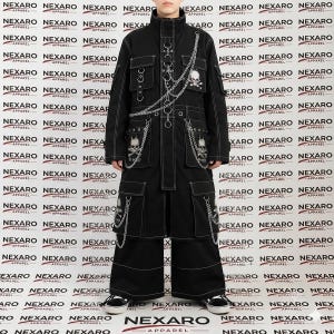 Men's Gothic Techwear Black Trench Coat Multi-Pocket Punk Jacket Chains Skulls