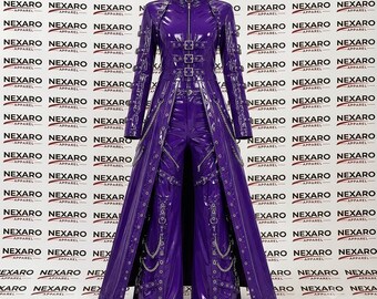 Lila PVC-Trenchcoat-Set im Gothic-Stil, Cyberpunk-Vinyl-Langjacke, Outfit mit Schnallen und Nieten