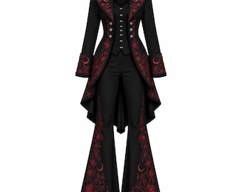 Women's Steampunk Gothic Suit Black Red Crescent Moon Cosplay Outfit