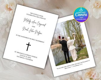 Szablon programu ślubu katolickiego, składany program ceremonii ślubnej mszy katolickiej, minimalistyczny program ślubu, program ślubu kościelnego, Canva