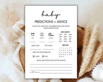 Karta z przewidywaniami i poradami na baby shower do druku, karty z poradami dla niemowląt, gra na baby shower dla obu płci, minimalistyczna zabawa na baby shower