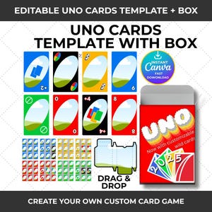 Può includere: Un'immagine di un modello di carte UNO con una scatola. Le carte sono in vari colori, tra cui blu, giallo, verde e rosso. La scatola è rossa con il logo UNO. Il testo "DRAG & DROP" è visibile, insieme a "CREA IL TUO GIOCO DI CARTE PERSONALIZZATO".