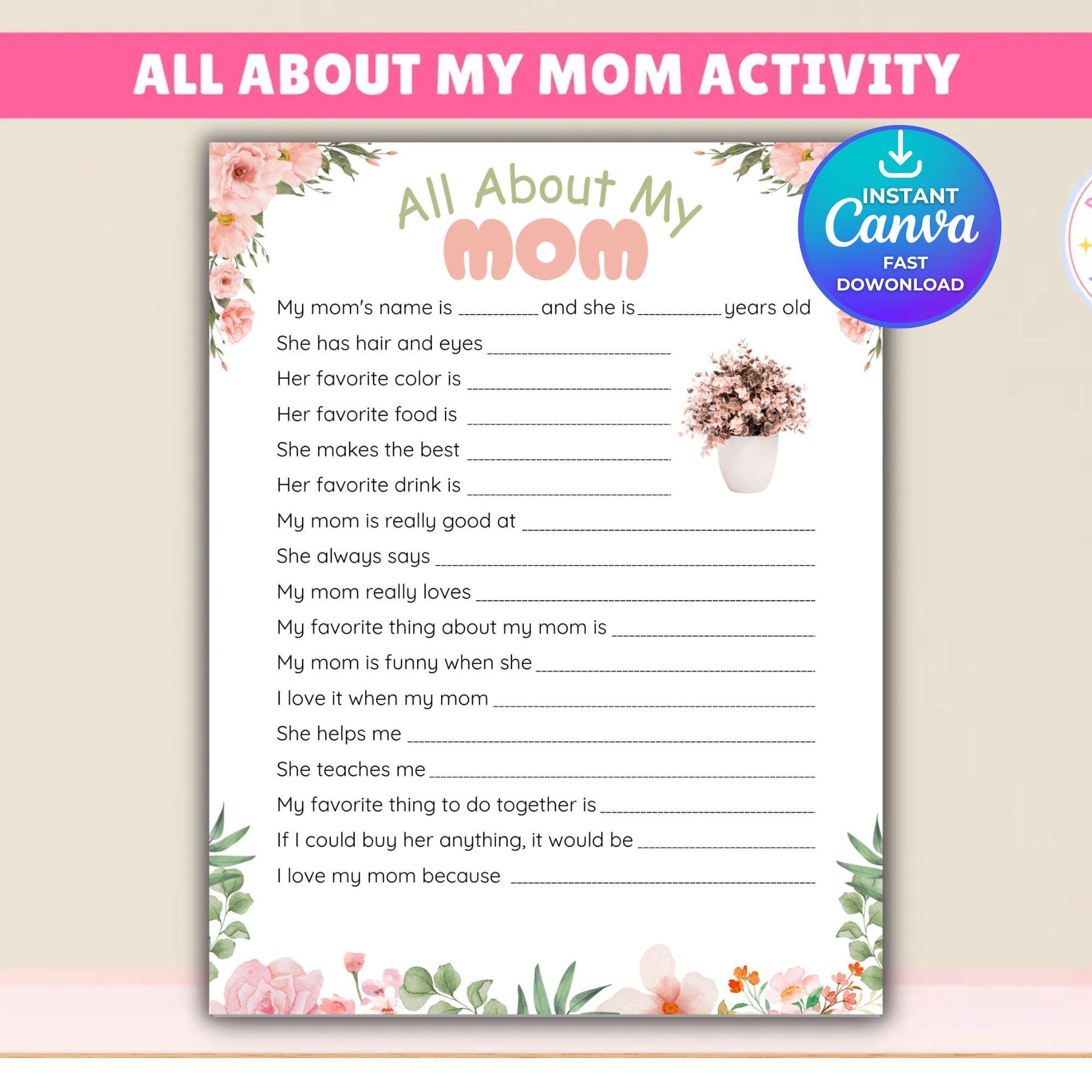 All About My Mom Printable for Kids, Mother's Day Questionnaire, Mom ...