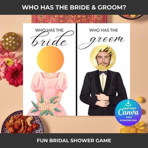 May include: A bridal shower game with the text "Who Has The Bride & Groom?" The game features illustrations of a bride and groom, with the bride in a pink dress and the groom in a tuxedo. The game is available for instant download.