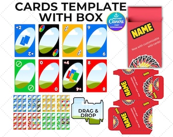 Plantilla de cartas UNO editable en Canva, plantilla de baraja de cartas personalizada, diseño de tarjeta de fiesta imprimible, descarga digital.