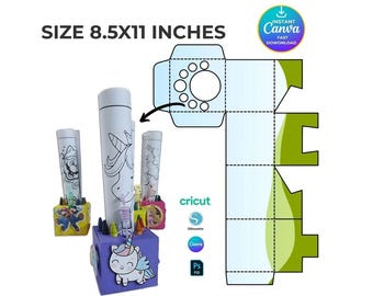 Szablon pudełka na zajęcia Canva Kids DIY Kolorowanka kredkowa Pudełko na kredki Plik cyfrowy Puste pudełko na upominki na imprezę Szablon Cricut Box SVG Urodziny Zajęcia dla dzieci
