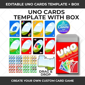 May include: An image showcasing an editable UNO cards template with a box. The design includes various UNO cards with different colors and numbers, along with a box design. The text "UNO CARDS TEMPLATE WITH BOX" is prominently displayed.