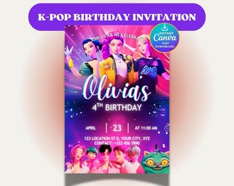 K-Pop Birthday Invitation | Demon Hunters Anime Style, Editable Canva Template (Digital Download)
