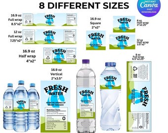 Water Bottle Label Template Canva Editable Bundle, 8oz 12oz 16.9oz Bottle Labels, Full & Half Wrap, Printable Party Water Labels, Stickers