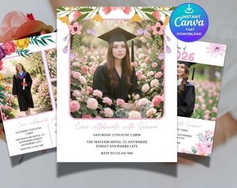 Floral Graduation Announcement Template, Editable Canva Grad Invite, Class of 2026 Graduation Party Invite, Photo Graduation Card, Digital