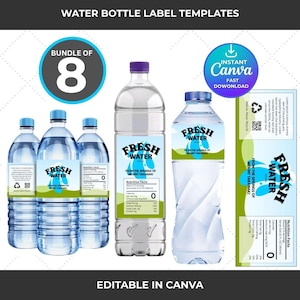 Puede incluir: Un conjunto de plantillas de etiquetas para botellas de agua. Las etiquetas muestran "FRESH WATER" y "FROM THE SPRINGS OF MOUNT TARANAKI". La imagen incluye un paquete de 8 etiquetas, información nutricional y el texto "EDITABLE IN CANVA".
