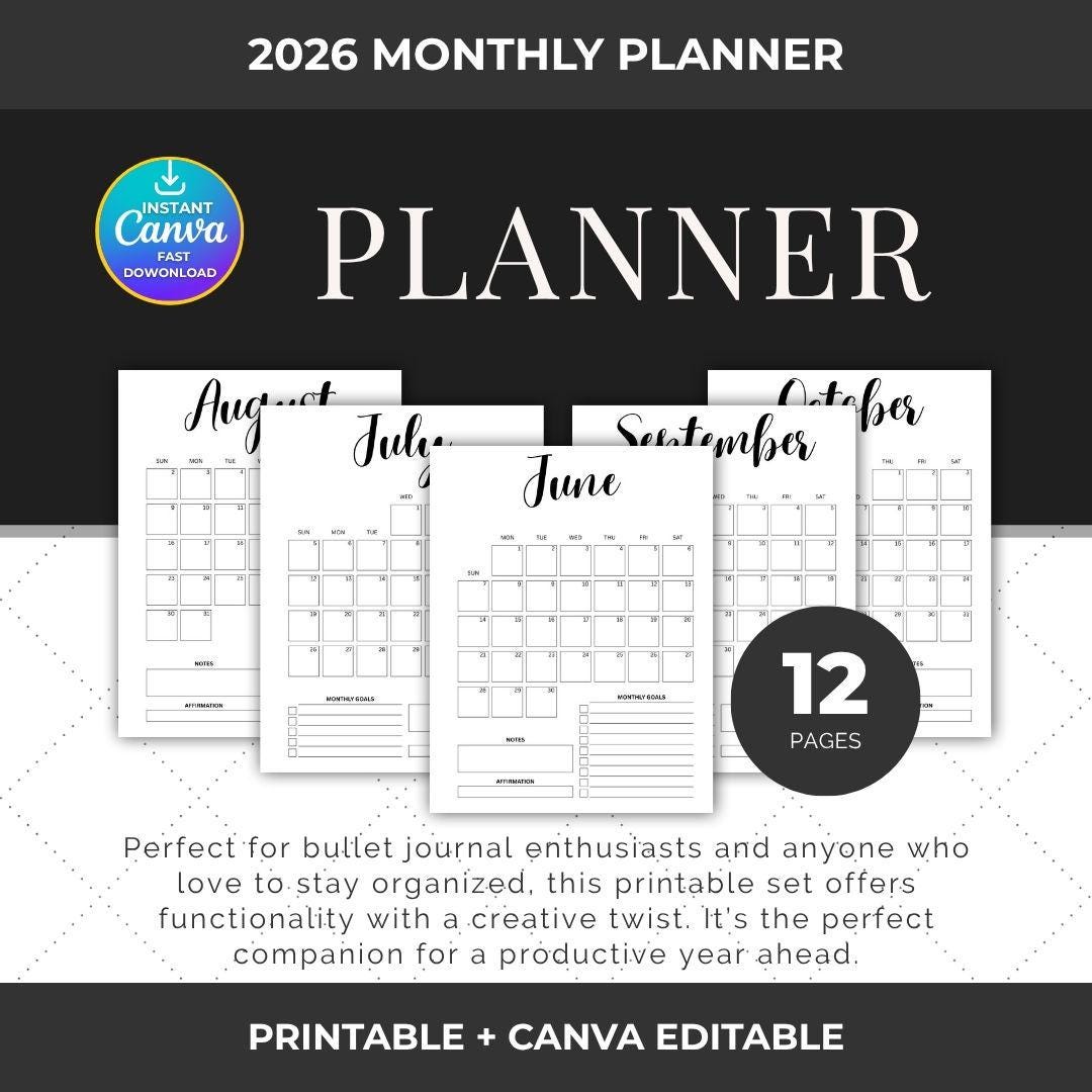 2026 Monthly Planner Printable Minimalist Calendar Organizer Digital