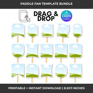 Op de afbeelding: Een digitale set met sjablonen voor handwaaiers, bestaande uit vijftien verschillende vormen met houten stokjes. Elke vorm toont een afbeelding van een blauwe lucht en een groen landschap. Tekst bevat PADDLE FAN TEMPLATE BUNDLE, DRAG & DROP, INSTANT CANVA FAST DOWNLOAD en PRINTABLE + INSTANT DOWNLOAD | 8.5X11 INCHES.