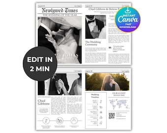Szablon gazety ślubnej ze zdjęciem, szablon gazety ślubnej, program ślubu, godziny dla nowożeńców, edytowalny plan podróży do gazety, ślub