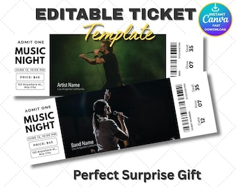 Editable Concert Ticket Canva, DIY Tickets Template, Printable Custom Concert Ticket, Birthday Gift Idea, Surprise Gift, Digital Download