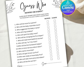 Guess who mommy or daddy babyshower game minimalist,Guess who baby shower activity,Editable Baby shower mom or dad,Who Said It Trivia Game