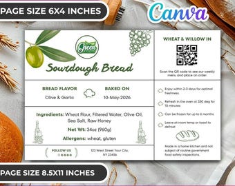 Szablon etykiety na chleb na zakwasie | Edytowalna etykieta Canva 4 x 6 cali | 8,5 x 11 cali dla rzemieślniczych piekarni i targów rolniczych | Projekt naklejki dla piekarza do druku