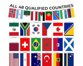 FIFA Wereldkampioenschap voetbal 2026 afdrukbare vlagbanner, 48 gekwalificeerde landen vlaggen, voetbalfeestdecor, voetbalhorloge feestdecor, digitale download