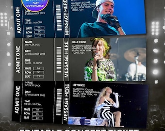 Edytowalny bilet na koncert Canva, szablon biletów DIY, drukowany spersonalizowany bilet na koncert, pomysł na prezent urodzinowy, prezent niespodzianka, edytowalny Canva
