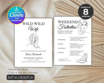 Pakiet zaproszenia i planu wieczoru panieńskiego „Wild Wild Wife”, weekend panieński w stylu western, ostatnie rodeo, edytowalny szablon Canva, do pobrania