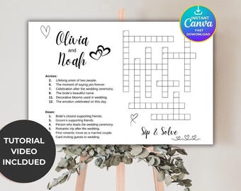 Krzyżówka ślubna „Napij się i rozwiąż” – szablon krzyżówki z gigantycznymi puzzlami DIY, gry dla gości weselnych, edytowalny Canva, 6 rozmiarów, Canva