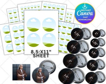 Button Pin Template Bundle Editable Canva Frame Sublimation 2 3.5 1.75 1.25 24 2.25 inch Custom Badge Circle Label Blank Pinback Button SVG