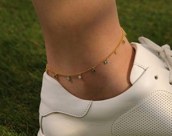 18K Gold Filled Rainbow Crystal Anklet: Waterproof Zirconia Bracelet, Dainty Multiple Birthstone  Anklet & Bracelet