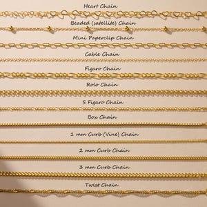 May include: A selection of gold-coloured chain necklaces, each with a distinct design. Styles include heart, beaded, paperclip, cable, figaro, rolo, S figaro, box, curb (vine), and twist chains. The image also shows 1 mm, 2 mm, and 3 mm curb chains.