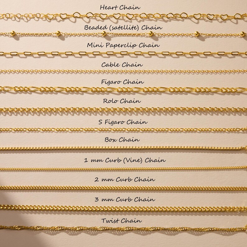 May include: A selection of gold-coloured chain necklaces, each with a distinct design. Styles include heart, beaded, paperclip, cable, figaro, rolo, S figaro, box, curb (vine), and twist chains. The image also shows 1 mm, 2 mm, and 3 mm curb chains.