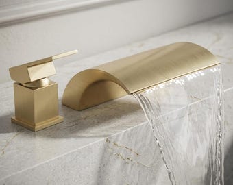 Brushed Gold Waterfall Bathroom Faucet | 2 Hole Brass Sink Mixer Tap Single Handle Deck Mount
