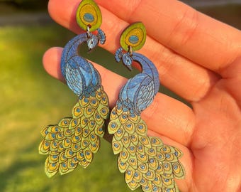 Peacock Hand-Painted Wooden Art Nouveau Dangle Earrings